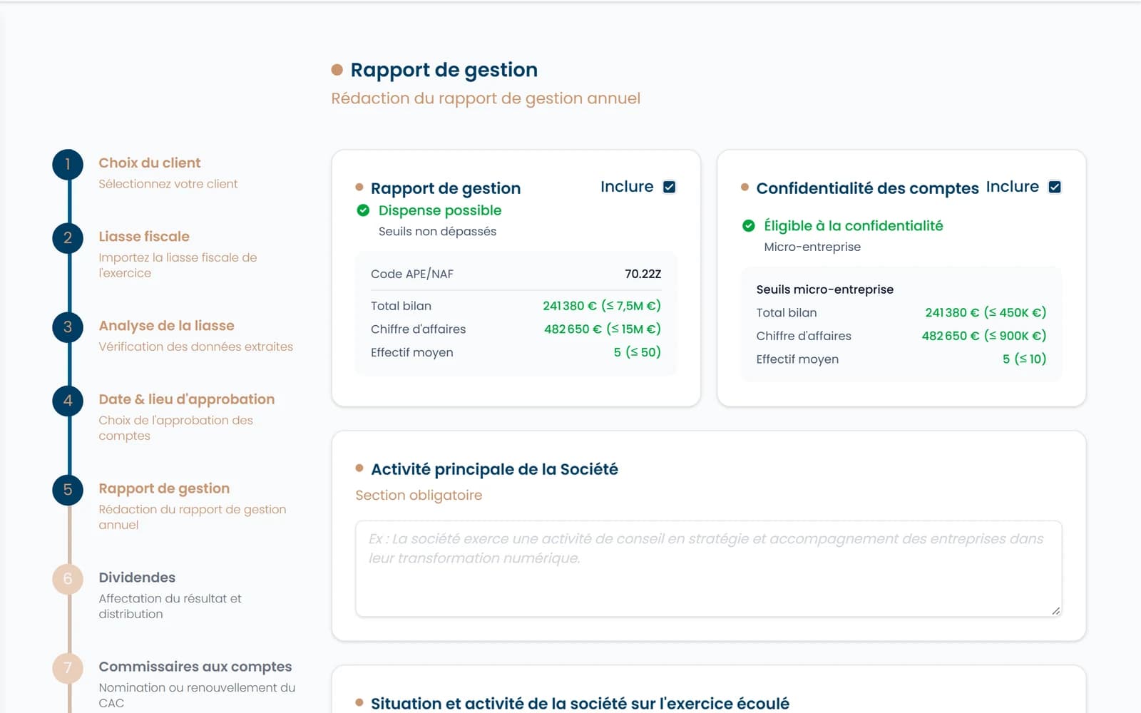 Étape du rapport de gestion : dispense possible et confidentialité des comptes selon les seuils
