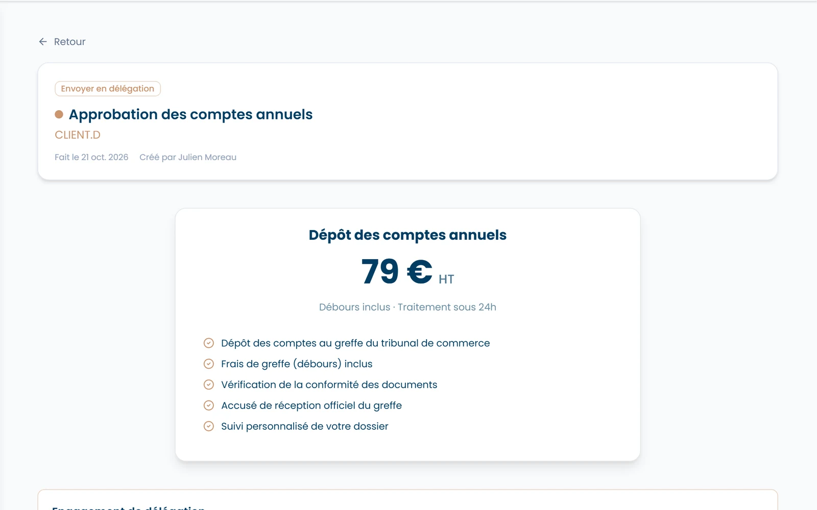 Offre de délégation du dépôt des comptes annuels : prix, débours inclus et prestations comprises