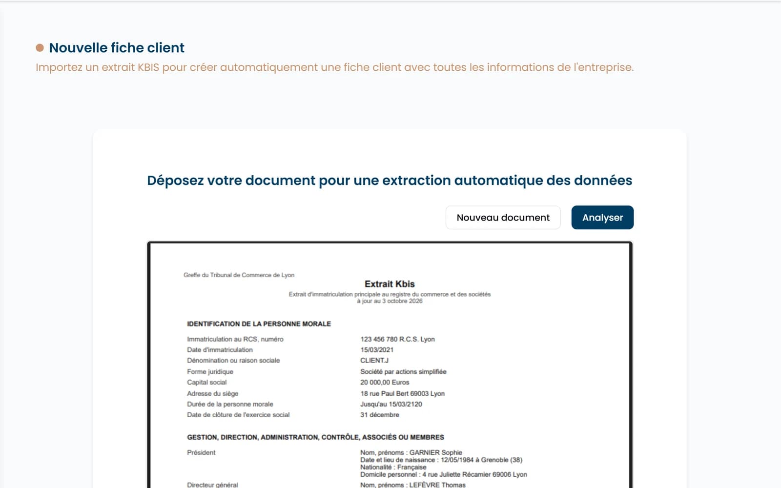 Dépôt d'un extrait Kbis en PDF pour créer une fiche client