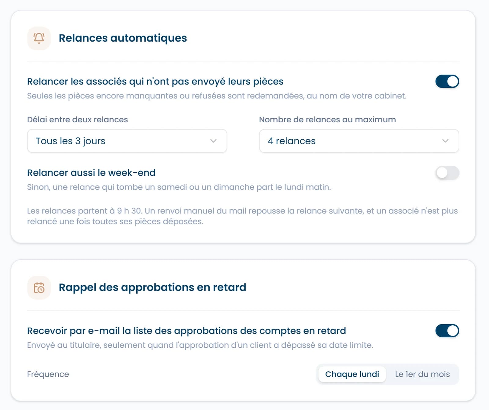 Réglage des relances automatiques des pièces : délai entre deux relances et nombre de relances