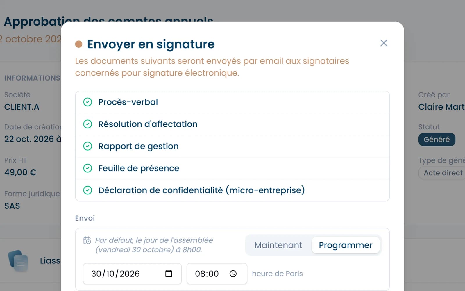 Envoi des documents d'approbation en signature électronique, immédiat ou programmé